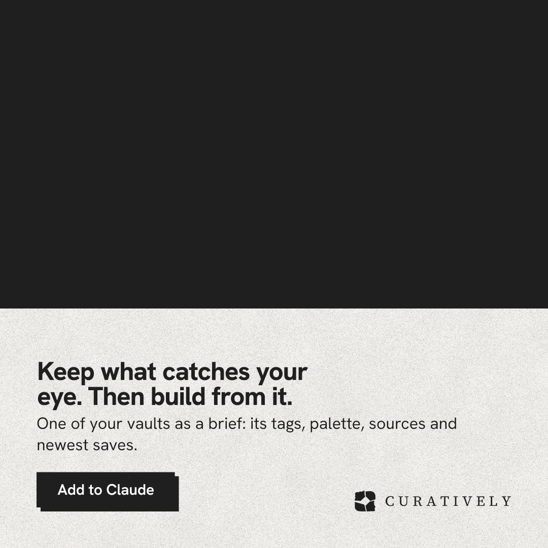 Instagram post for Curatively: "Keep what catches your eye. Then build from it." Paper trio style, bottom layout, light palette in black, white.