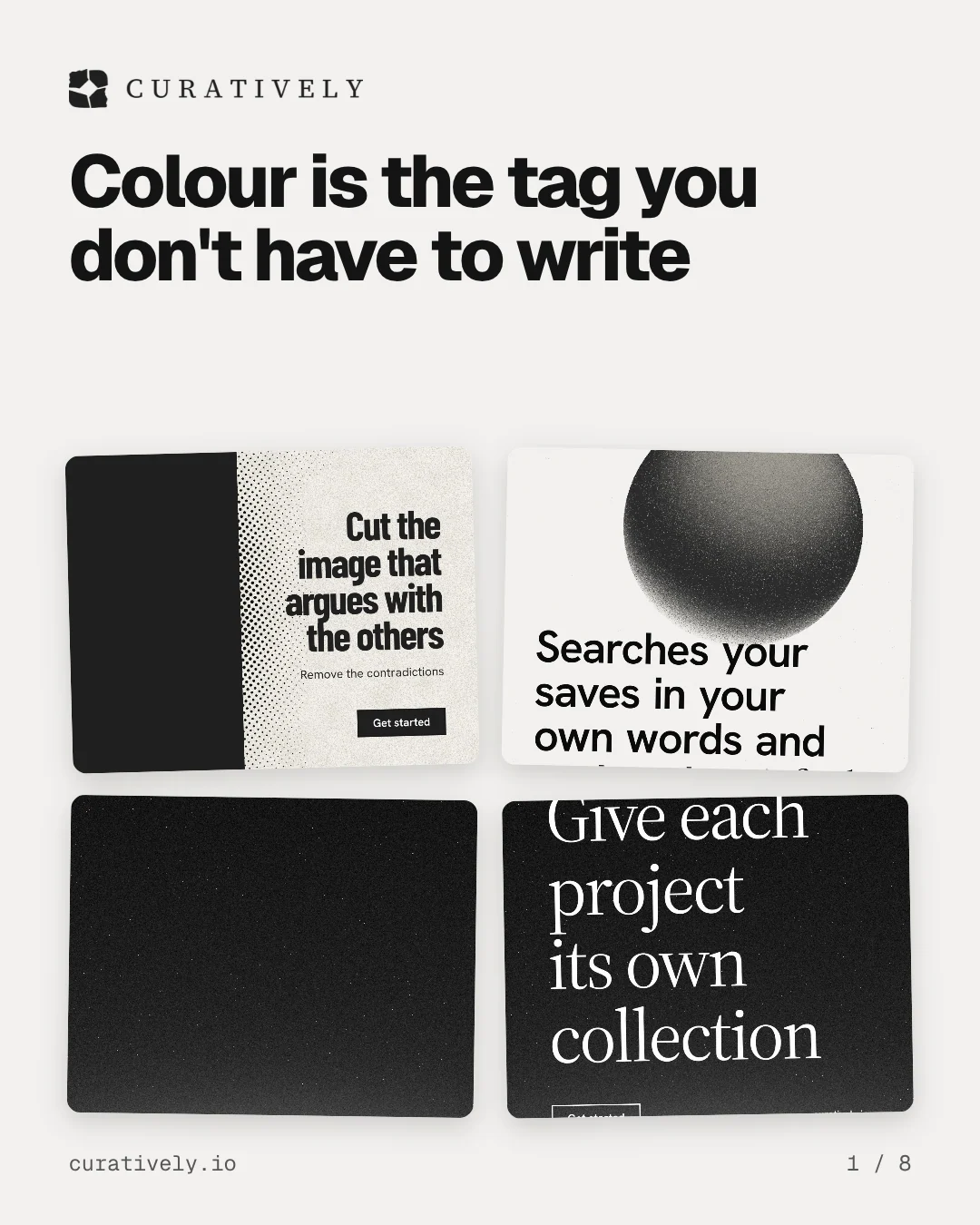Carousel for Curatively: "Colour is the tag you don't have to write". Collection carousel, 8 slides, light palette.