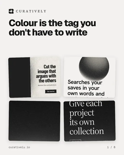 Carousel for Curatively: "Colour is the tag you don't have to write". Collection carousel, 8 slides, light palette.