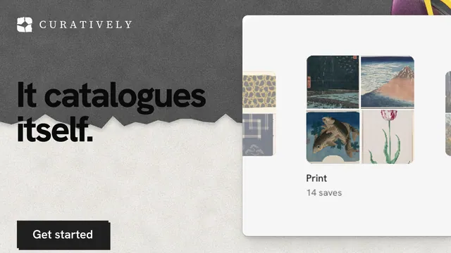 Landscape graphic for Curatively: "It catalogues itself." Paper trio style, bottom layout, light palette in white, grey.