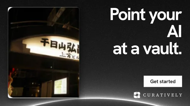 Landscape graphic for Curatively: "Point your AI at a vault." Swiss style, right layout, dark palette in black, grey.