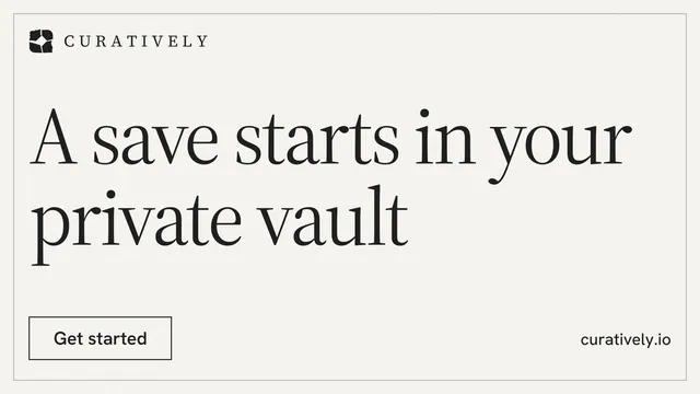 Landscape graphic for Curatively: "A save starts in your private vault". Editorial style, poster layout, light palette in white.