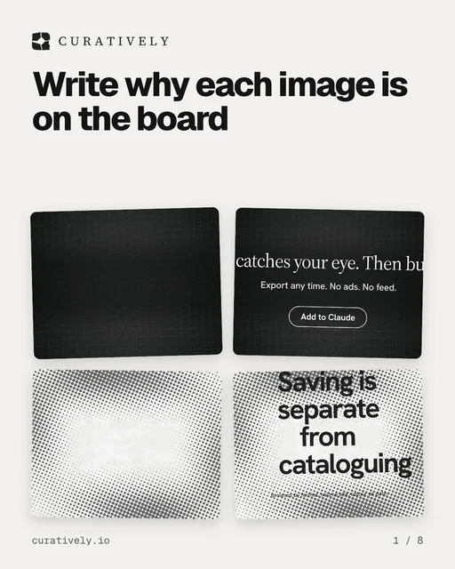 Carousel for Curatively: "Write why each image is on the board". Collection carousel, 8 slides, light palette.