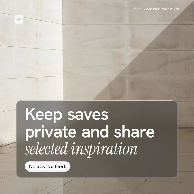 Instagram post for Curatively: "Keep saves private and share selected inspiration". Glass style, technique:pexels ingredient layout, light palette in grey, white.