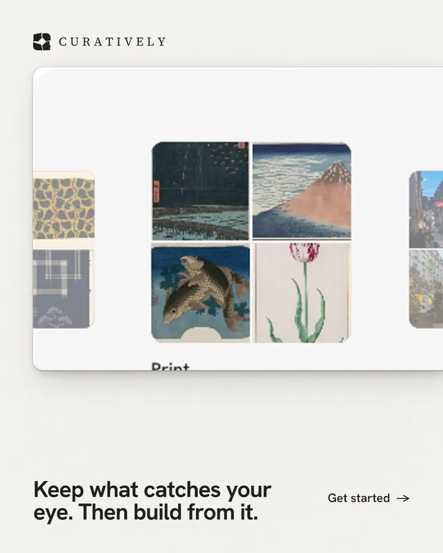 Instagram portrait post for Curatively: "Keep what catches your eye. Then build from it." Swiss style, image led layout, light palette in white, grey.