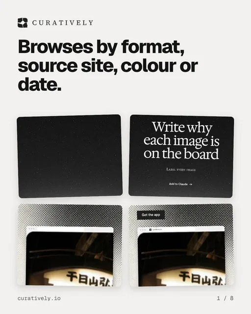 Carousel for Curatively: "Browses by format, source site, colour or date.". Collection carousel, 8 slides, light palette.
