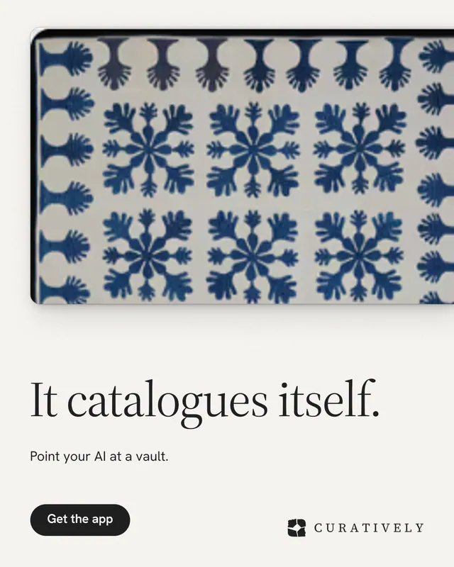 Instagram portrait post for Curatively: "It catalogues itself." Data card style, bottom layout, light palette in white, grey, blue.