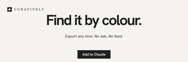 X header for Curatively: "Find it by colour." Swiss style, centred layout, light palette in white, grey.