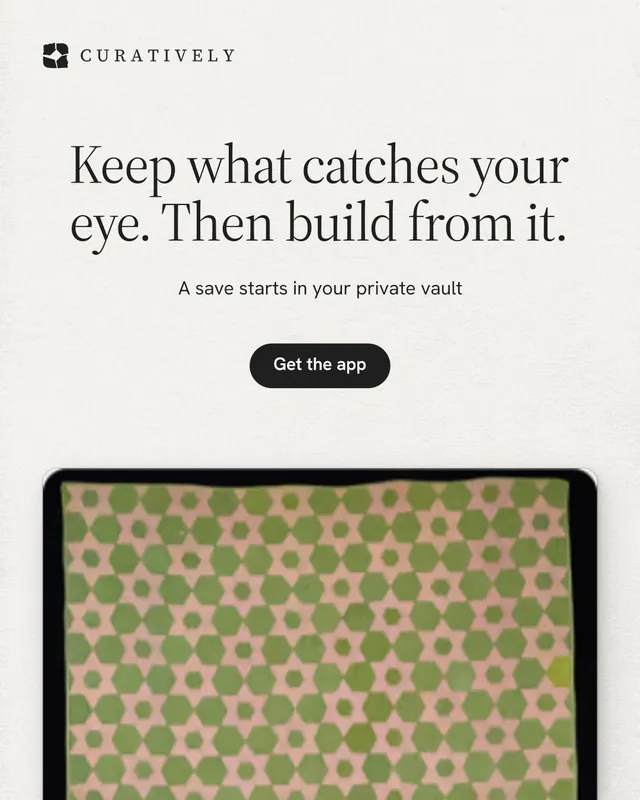 Instagram portrait post for Curatively: "Keep what catches your eye. Then build from it." Data card style, centred layout, light palette in white, yellow, orange.