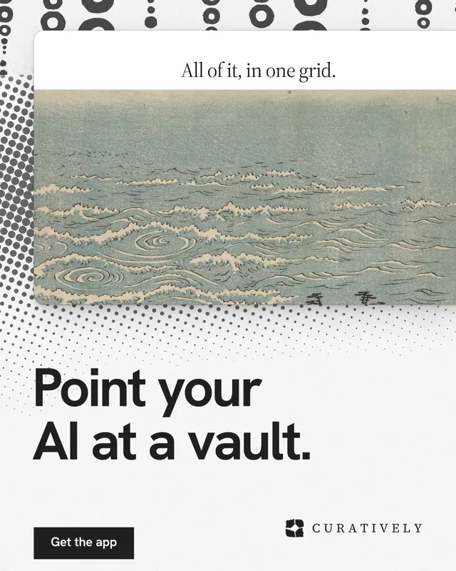 Instagram portrait post for Curatively: "Point your AI at a vault." Swiss style, bottom layout, light palette in white, grey.