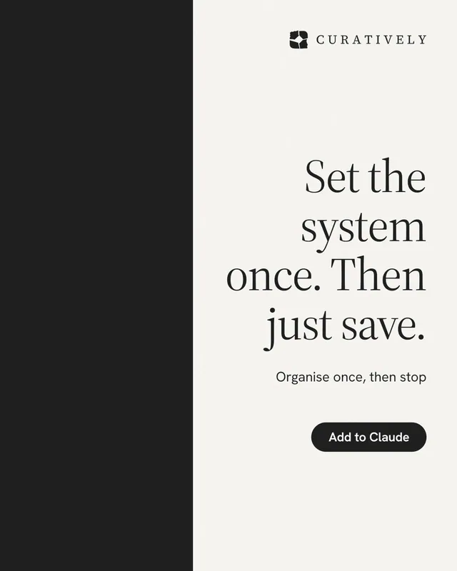 Instagram portrait post for Curatively: "Set the system once. Then just save." Data card style, right layout, light palette in white, black.