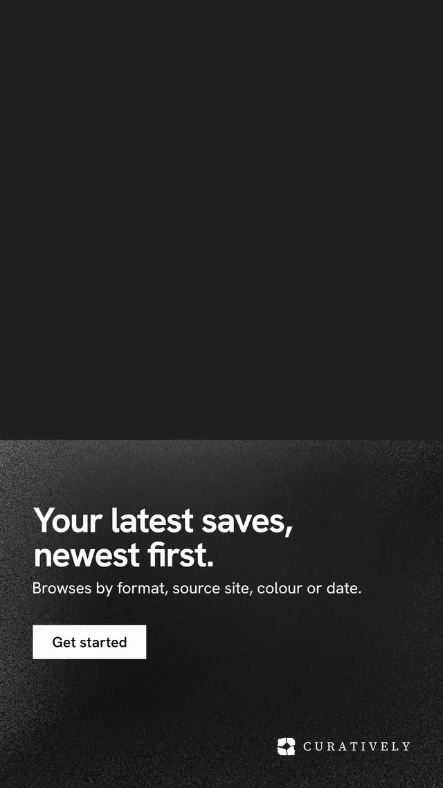 Instagram story for Curatively: "Your latest saves, newest first." Swiss style, bottom layout, dark palette in black.