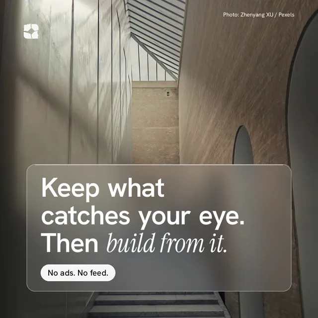 Instagram post for Curatively: "Keep what catches your eye. Then build from it." Glass style, technique:pexels ingredient layout, light palette in grey, black.