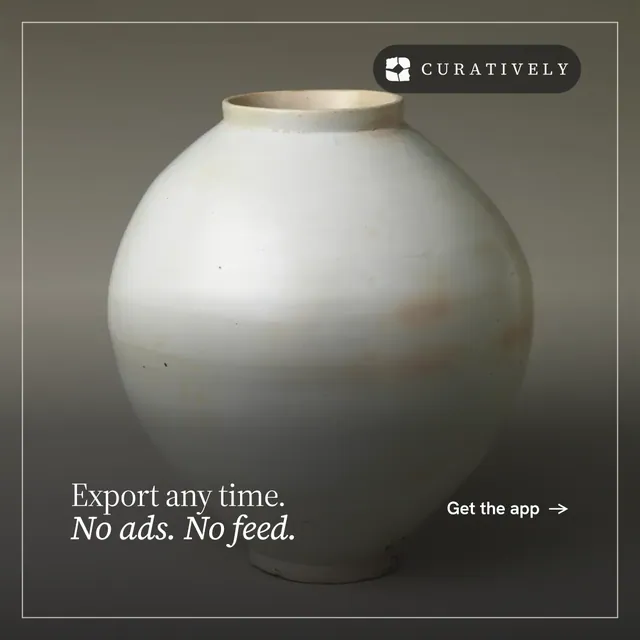 Instagram post for Curatively: "Export any time. No ads. No feed." Editorial style, image led layout, dark palette in grey, black, white.