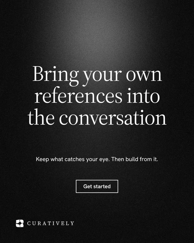 Instagram portrait post for Curatively: "Bring your own references into the conversation". Dark deco style, centred layout, dark palette in black, grey.