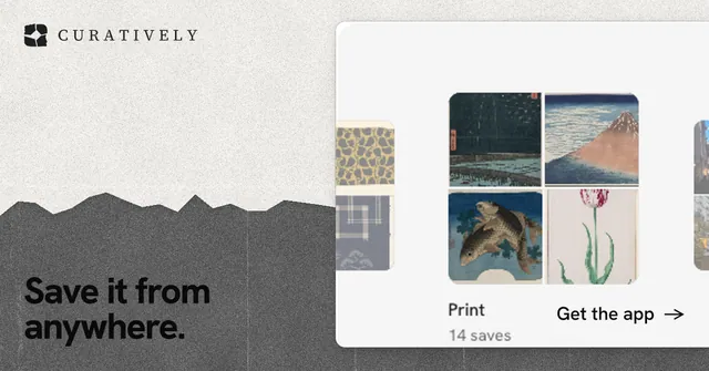 Social ad for Curatively: "Save it from anywhere." Paper trio style, image led layout, light palette in white, grey.