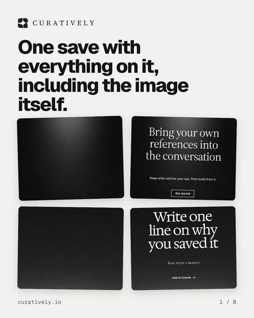 Carousel for Curatively: "One save with everything on it, including the image itself.". Collection carousel, 8 slides, light palette.