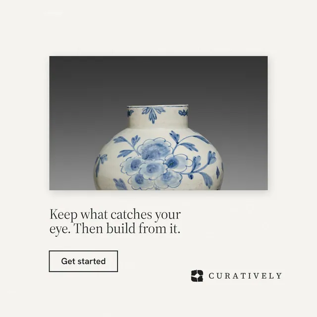 Instagram post for Curatively: "Keep what catches your eye. Then build from it." Editorial style, bottom layout, light palette in white, grey.
