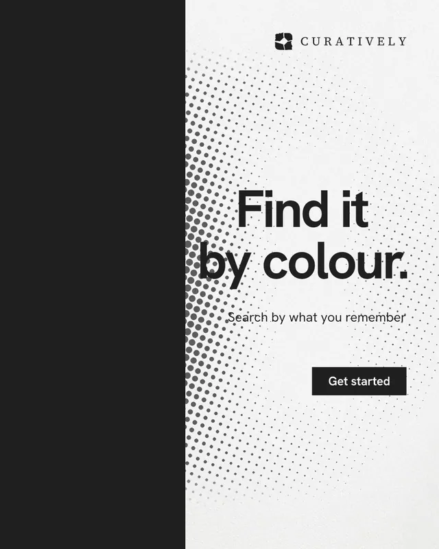 Instagram portrait post for Curatively: "Find it by colour." Swiss style, right layout, light palette in black, white.