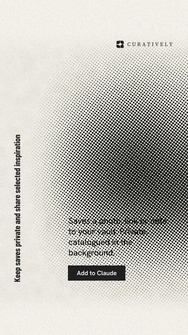Instagram story for Curatively: "Keep saves private and share selected inspiration". Ink sticker style, vertical layout, light palette in white, grey, yellow.