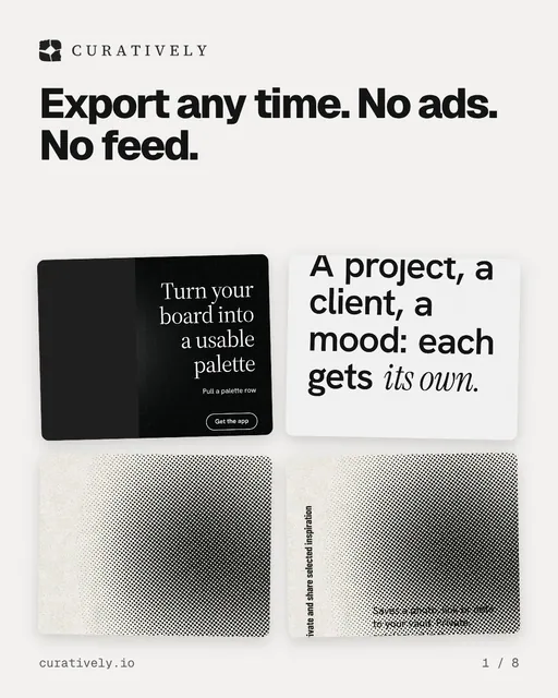 Carousel for Curatively: "Export any time. No ads. No feed.". Collection carousel, 8 slides, light palette.