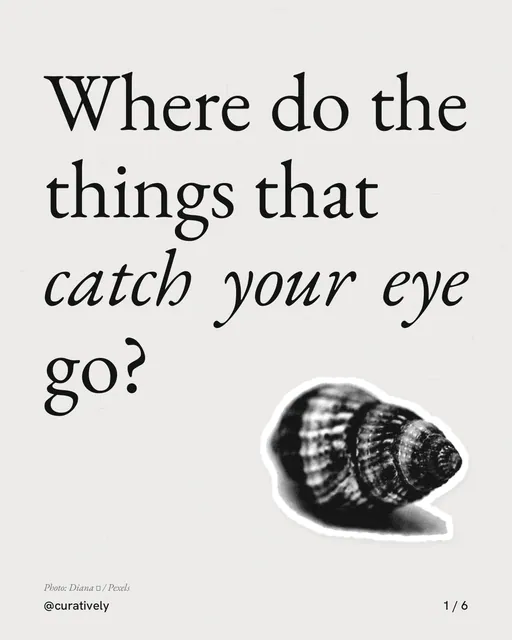 Carousel for Curatively: "Where do the things that catch your eye go?". Cutout essay, 6 slides, light palette.