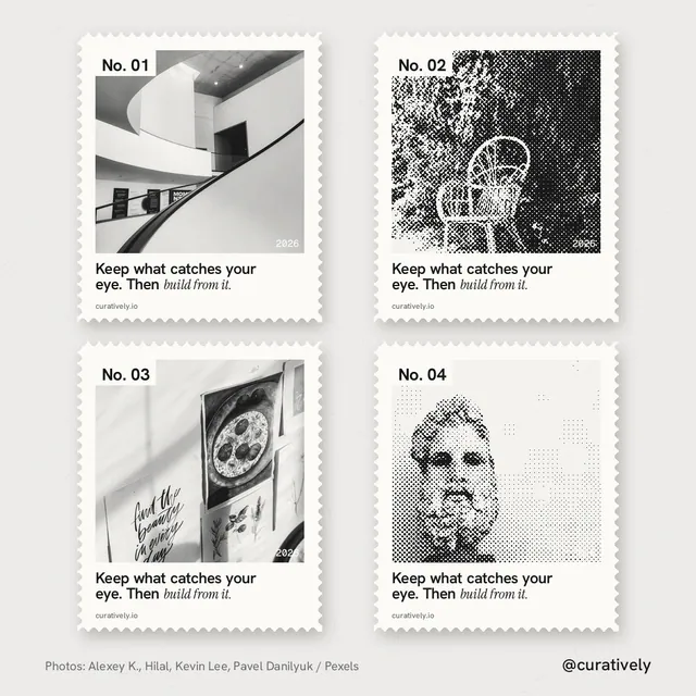Instagram post for Curatively: "Keep what catches your eye. Then build from it." Sheet style, technique:stamp series layout, light palette in white, grey.