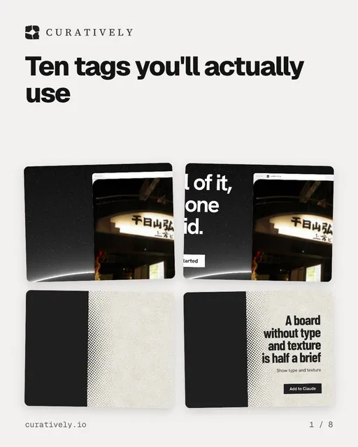 Carousel for Curatively: "Ten tags you'll actually use". Collection carousel, 8 slides, light palette.