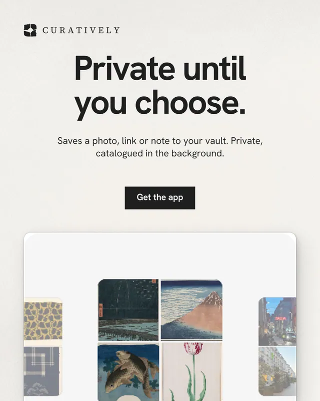 Instagram portrait post for Curatively: "Private until you choose." Swiss style, centred layout, light palette in white, grey.
