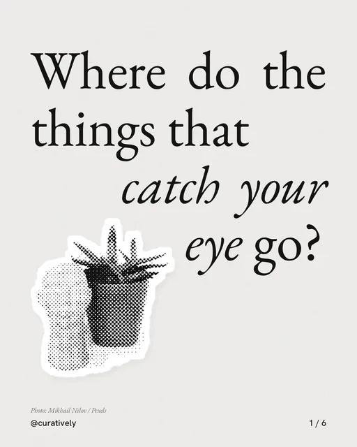 Carousel for Curatively: "Where do the things that catch your eye go?". Cutout essay, 6 slides, light palette.