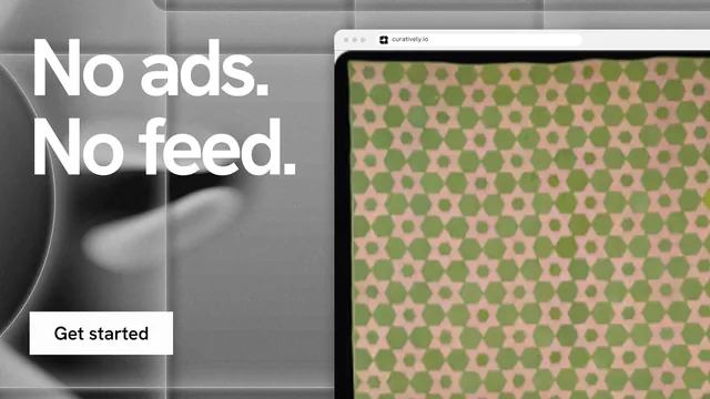 Landscape graphic for Curatively: "No ads. No feed." Swiss style, browser layout, light palette in grey, orange, white.