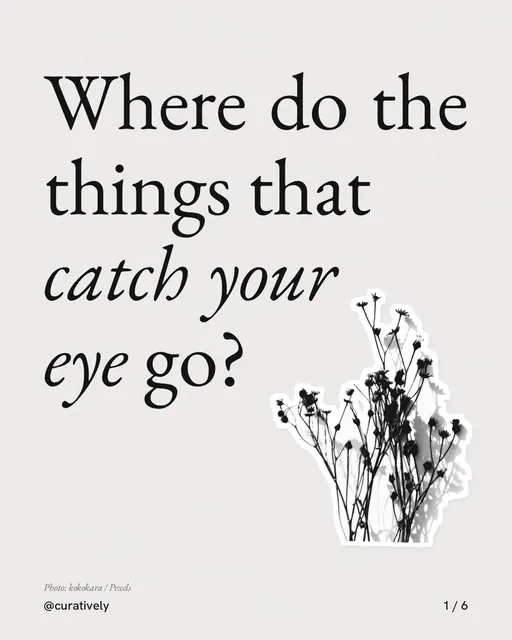 Carousel for Curatively: "Where do the things that catch your eye go?". Cutout essay, 6 slides, light palette.