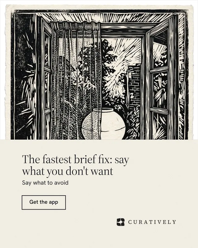 Instagram portrait post for Curatively: "The fastest brief fix: say what you don't want". Editorial style, bottom layout, light palette in yellow, black, grey.
