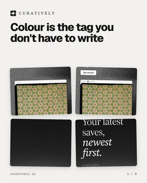 Carousel for Curatively: "Colour is the tag you don't have to write". Collection carousel, 8 slides, light palette.