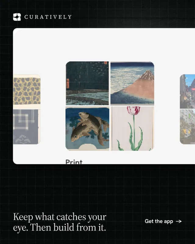 Instagram portrait post for Curatively: "Keep what catches your eye. Then build from it." Phosphor atlas style, image led layout, light palette in white, black, grey.