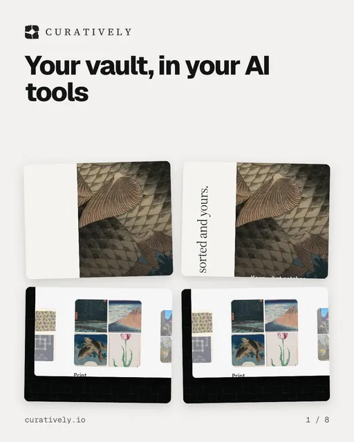 Carousel for Curatively: "Your vault, in your AI tools". Collection carousel, 8 slides, light palette.