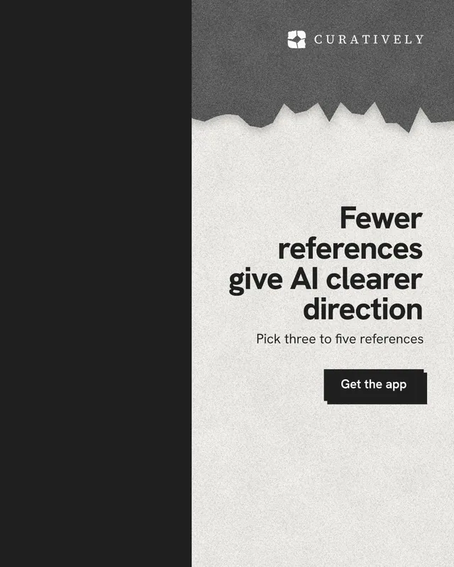 Instagram portrait post for Curatively: "Fewer references give AI clearer direction". Paper trio style, right layout, light palette in black, white, grey.