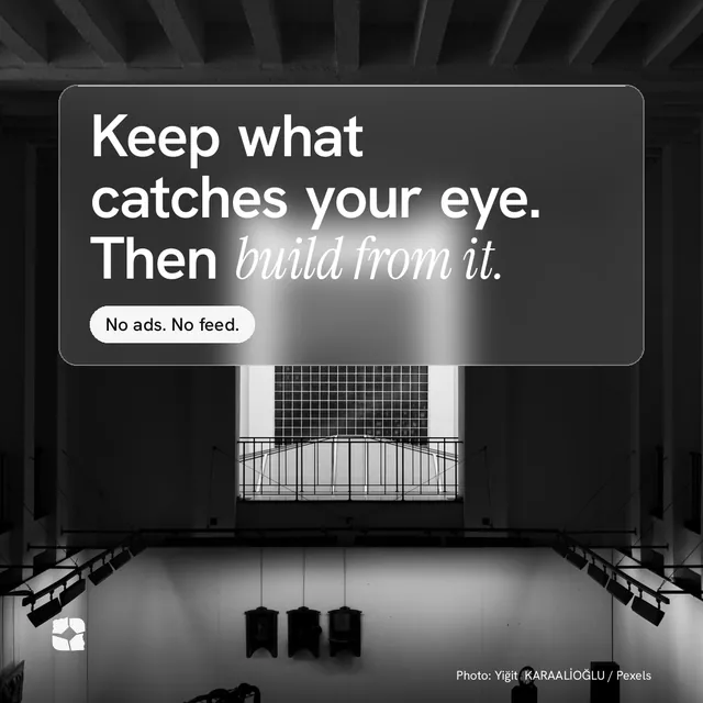 Instagram post for Curatively: "Keep what catches your eye. Then build from it." Glass style, technique:pexels ingredient layout, dark palette in black, grey.