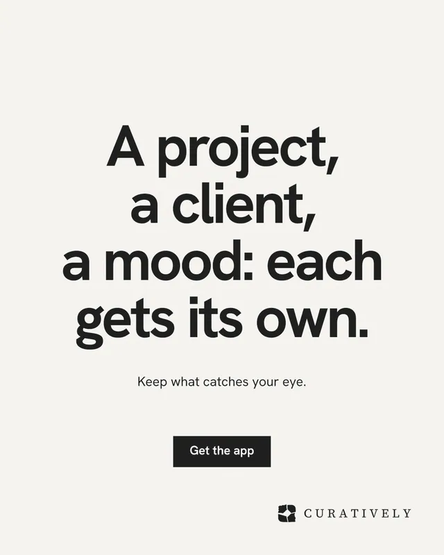 Instagram portrait post for Curatively: "A project, a client, a mood: each gets its own." Swiss style, centred layout, light palette in white, grey.