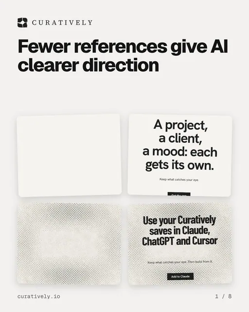 Carousel for Curatively: "Fewer references give AI clearer direction". Collection carousel, 8 slides, light palette.