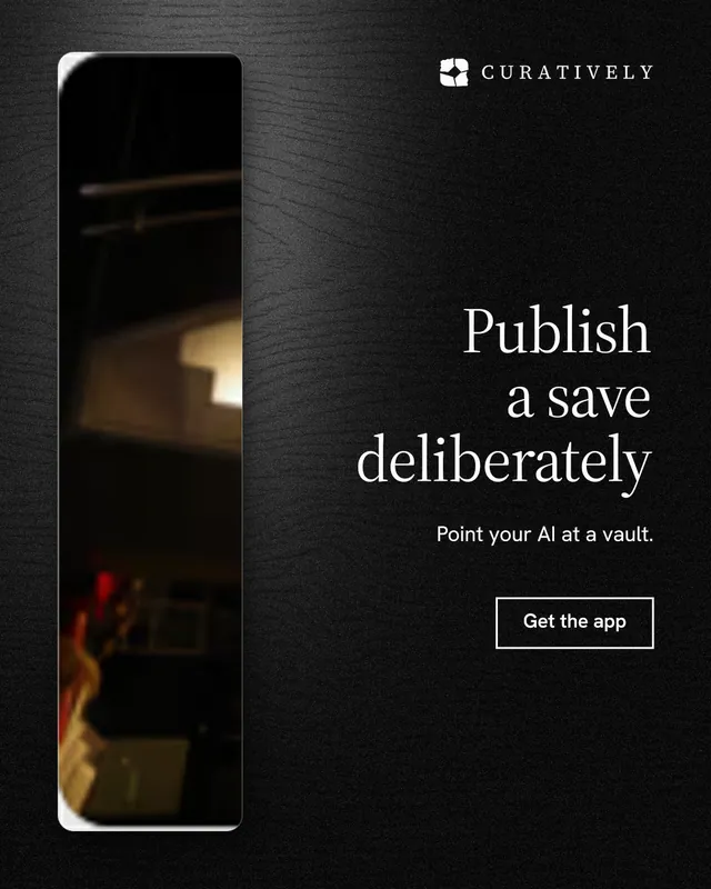 Instagram portrait post for Curatively: "Publish a save deliberately". Dark deco style, right layout, dark palette in black.