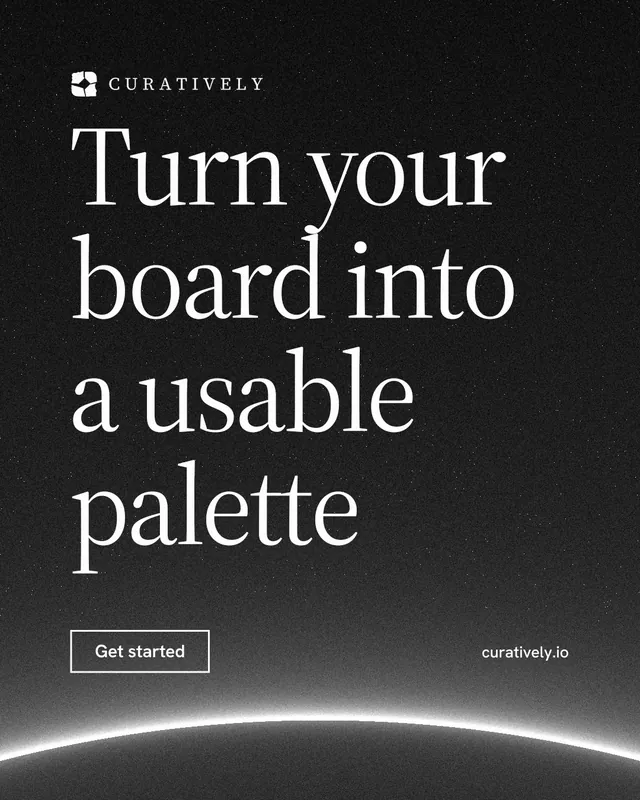 Instagram portrait post for Curatively: "Turn your board into a usable palette". Editorial style, poster layout, dark palette in black, grey.