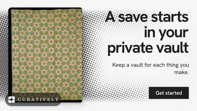 Landscape graphic for Curatively: "A save starts in your private vault". Swiss style, right layout, light palette in yellow, white, grey.