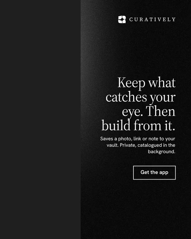 Instagram portrait post for Curatively: "Keep what catches your eye. Then build from it." Dark deco style, right layout, dark palette in black.