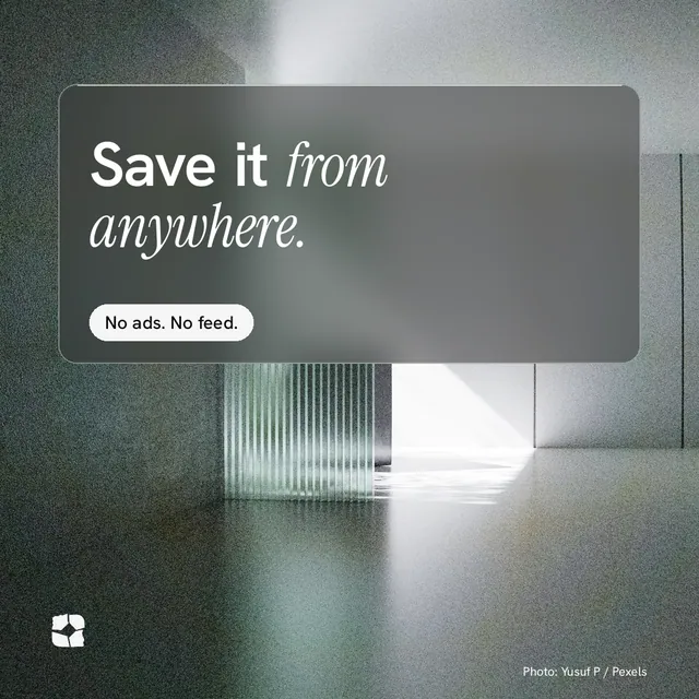 Instagram post for Curatively: "Save it from anywhere." Glass style, technique:pexels ingredient layout, light palette in grey, black, white.