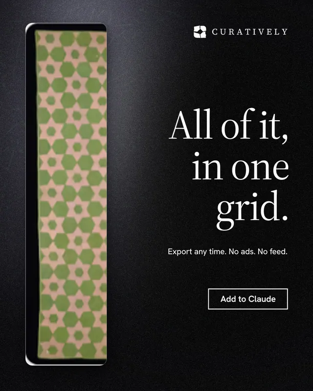 Instagram portrait post for Curatively: "All of it, in one grid." Dark deco style, right layout, dark palette in black, grey.