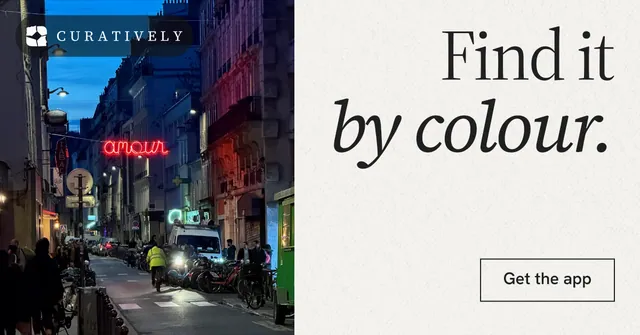 Social ad for Curatively: "Find it by colour." Editorial style, right layout, light palette in white, purple, grey.