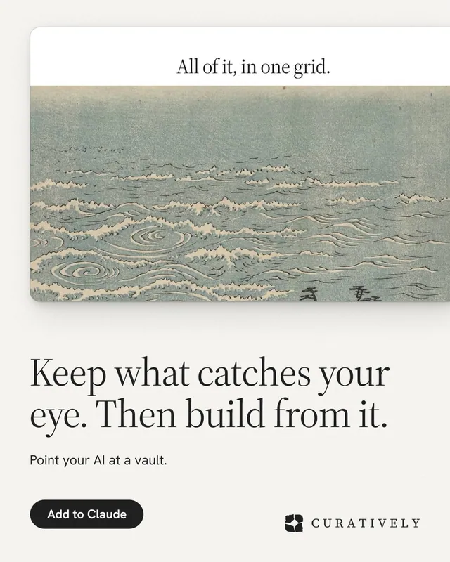 Instagram portrait post for Curatively: "Keep what catches your eye. Then build from it." Data card style, bottom layout, light palette in grey, white.