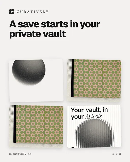 Carousel for Curatively: "A save starts in your private vault". Collection carousel, 8 slides, light palette.