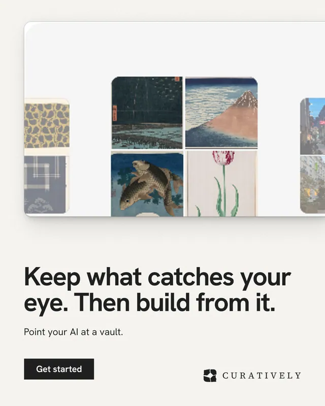 Instagram portrait post for Curatively: "Keep what catches your eye. Then build from it." Swiss style, bottom layout, light palette in white, grey.